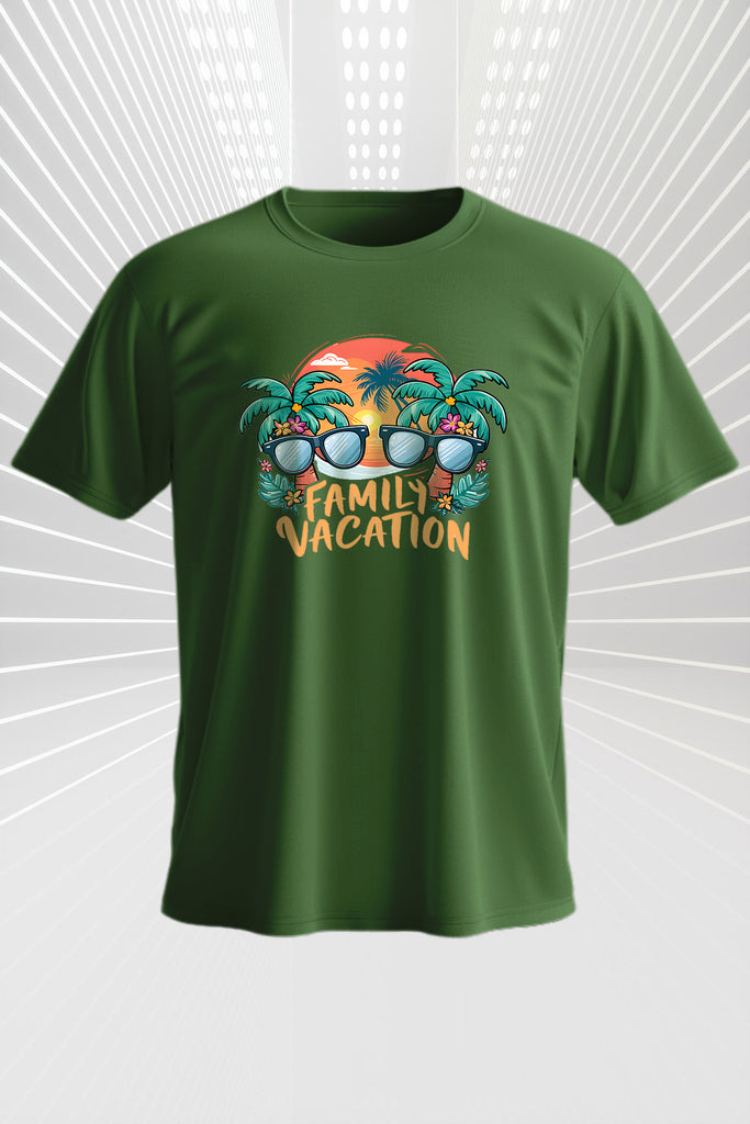 Family Vacation T-Shirt – Tropical Sunset Design | 100% Cotton Olive Green | Travel Matching Tee